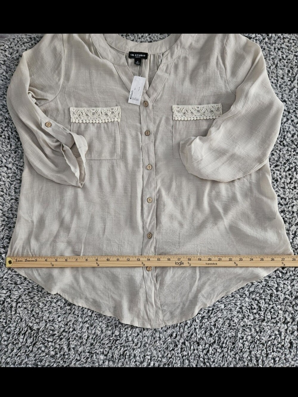 I.N. Studio Taupe Blouse 1X Roll Tab Sleeve Button Front Lace Woman Plus Top - Picture 10 of 14